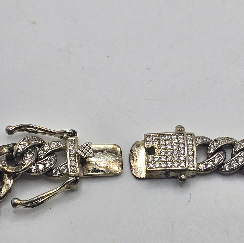 Unisex Sterling Silver Crystal Encrusted Cuban Chain Necklace - Picture 3 of 7